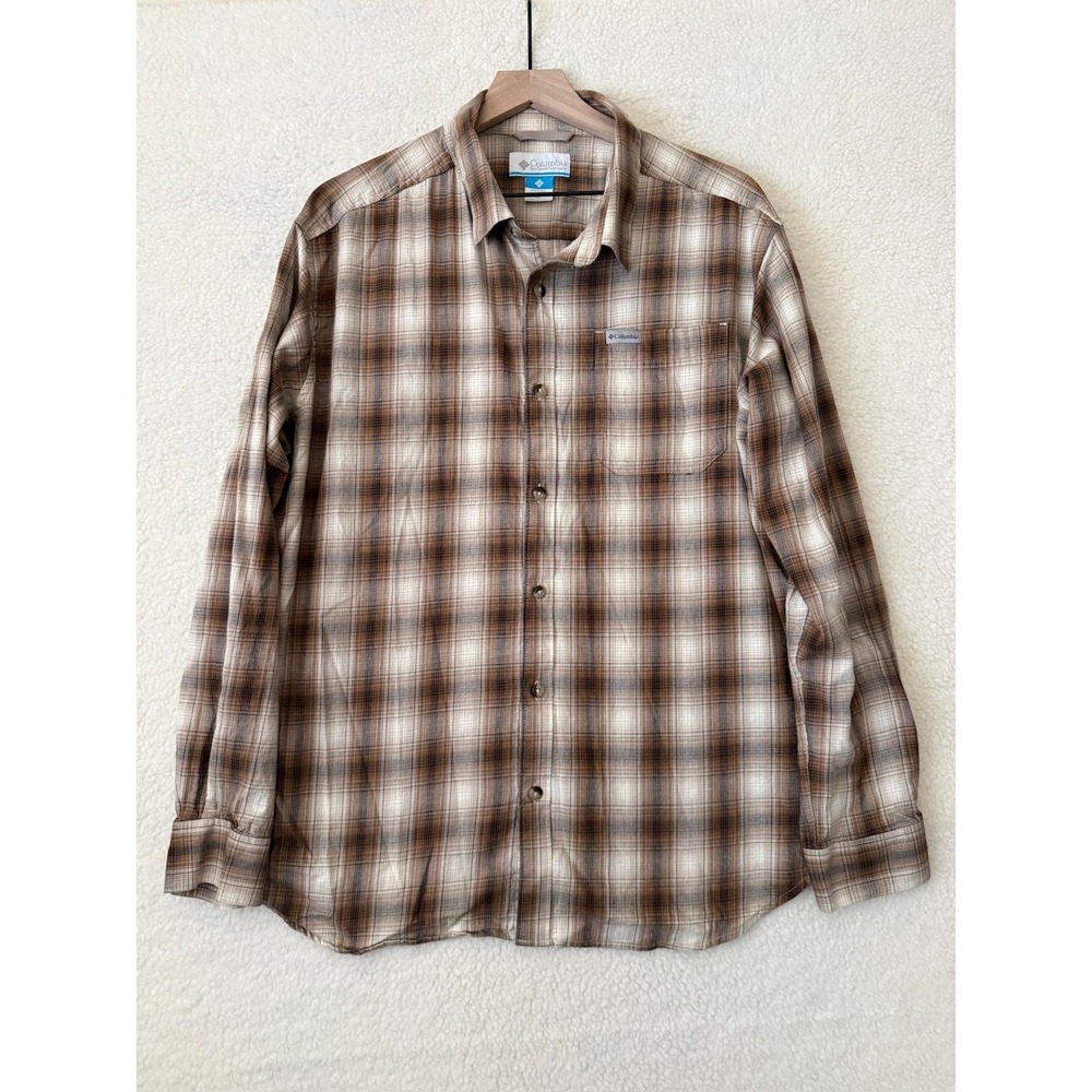 Columbia Shirt Men's XL Brown Plaid Long Sleeve Button Up Cotton Blend Casual